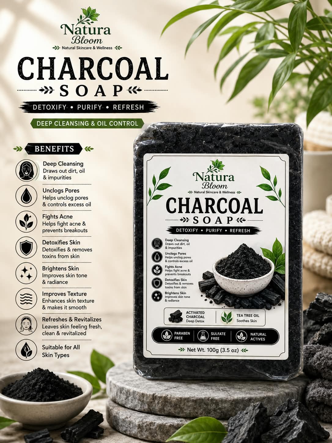Natura Bloom Charcoal Soap-Deep Cleansing & Fresh Skin